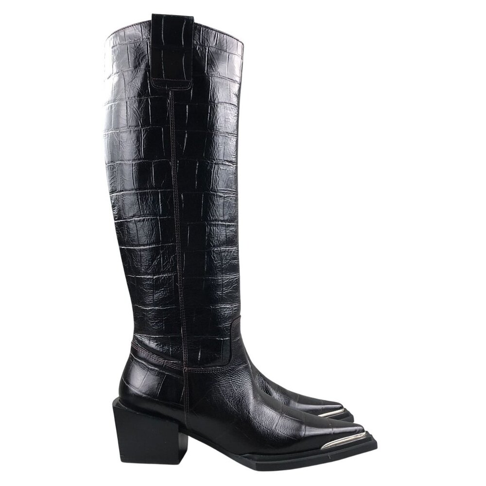Topshop SPAIN Womens Size 37 Rio Choc Croc Brown Leather Western Knee High Boots